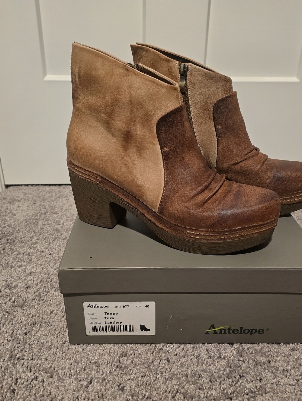 Antelope Two-Tone Taupe and Brown Leather Ankle Booties